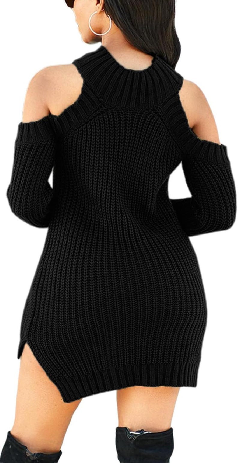 sexycherry Black Sweaters Dresses for Women Casual Mock Neck Long Sleeve Cold Shoulder Knit Pullover Sweaters Dress Split Side(Small) - Image 3