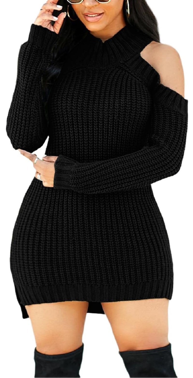 sexycherry Black Sweaters Dresses for Women Casual Mock Neck Long Sleeve Cold Shoulder Knit Pullover Sweaters Dress Split Side(Small) - Image 1