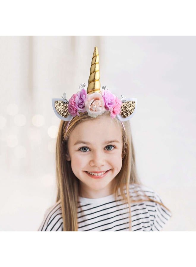 Ahier Unicorn Headband Gold Horn for Unicorn Party Supplies Flowers Cat Ear Head Bands - Image 5