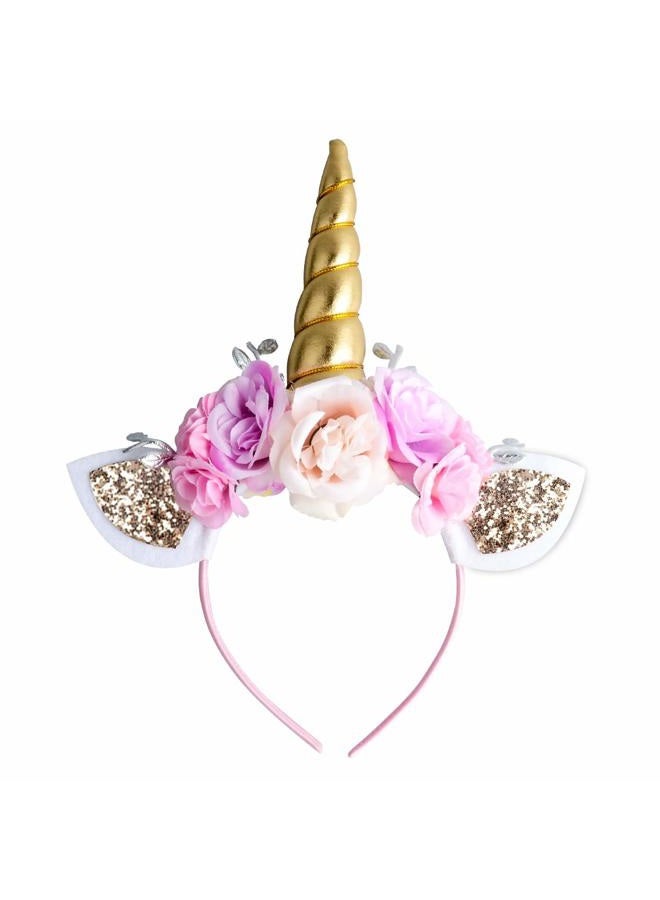 Ahier Unicorn Headband Gold Horn for Unicorn Party Supplies Flowers Cat Ear Head Bands - Image 1