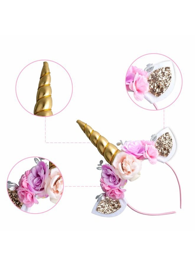 Ahier Unicorn Headband Gold Horn for Unicorn Party Supplies Flowers Cat Ear Head Bands - Image 2