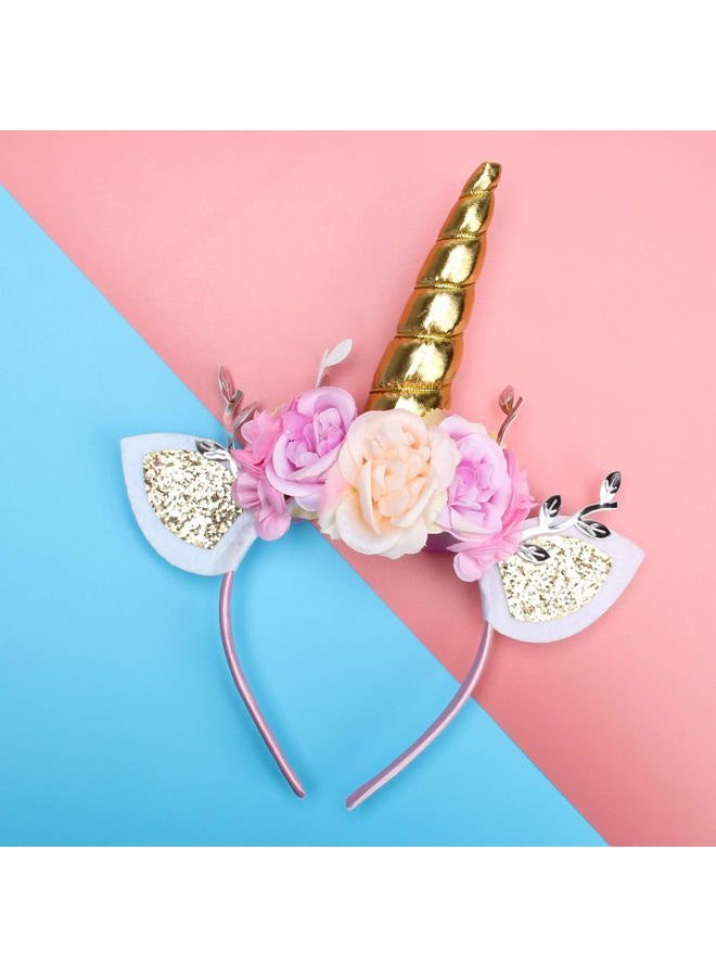 Ahier Unicorn Headband Gold Horn for Unicorn Party Supplies Flowers Cat Ear Head Bands - Image 4