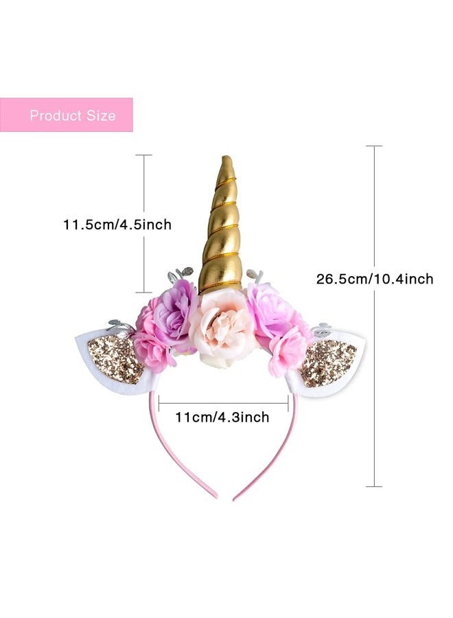 Ahier Unicorn Headband Gold Horn for Unicorn Party Supplies Flowers Cat Ear Head Bands - Image 3