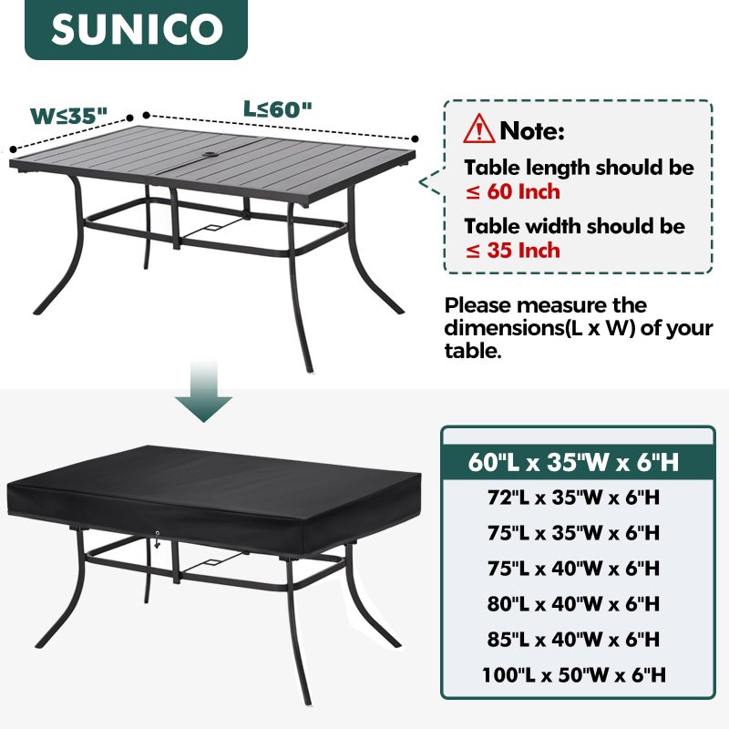 SUNICO Outdoor Table Cover rectangular, Patio Table Cover rectangle for Patio Table & Dining Table & Picnic Table.Windproof, Waterproof, Stain-Resistant, Durable Table Cover (60" L x 35" W x 6" H) - Image 2