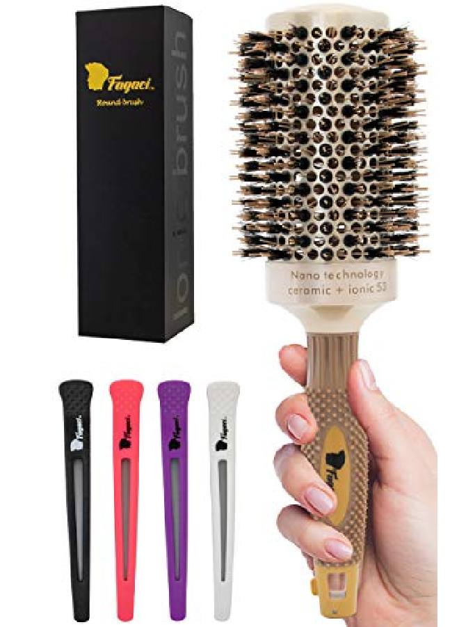 Fagaci Professional Large Round Brush For Blow Drying With Natural Boar Bristle, Round Hair Brush Nano Technology Ceramic+ Ionic For Hair Styling, Drying, Healthy Hair And Add Volume + 4 Styling Clips - Image 2