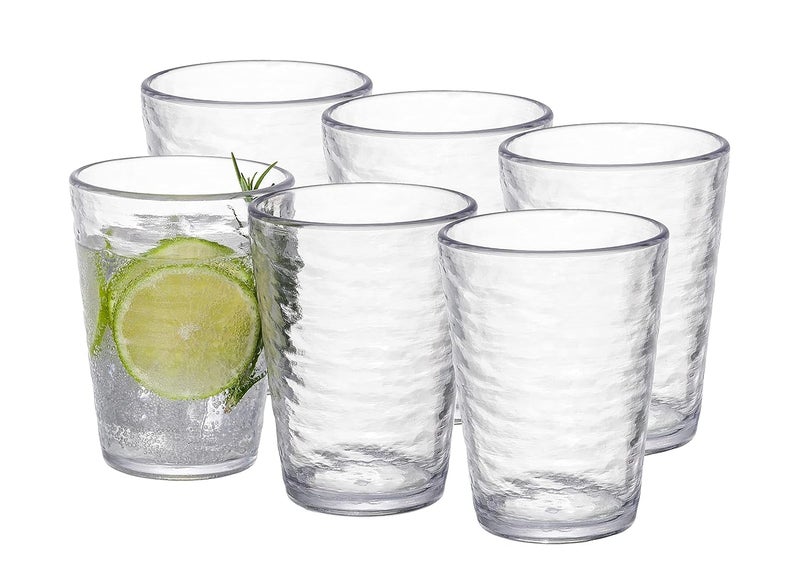 KLIFA RIPPLE 16 ounce Set of 6 Acrylic Tumbler Drinking Glasses Cups BPAFree Stackable Plastic Drinkware Dishwasher Safe Clear