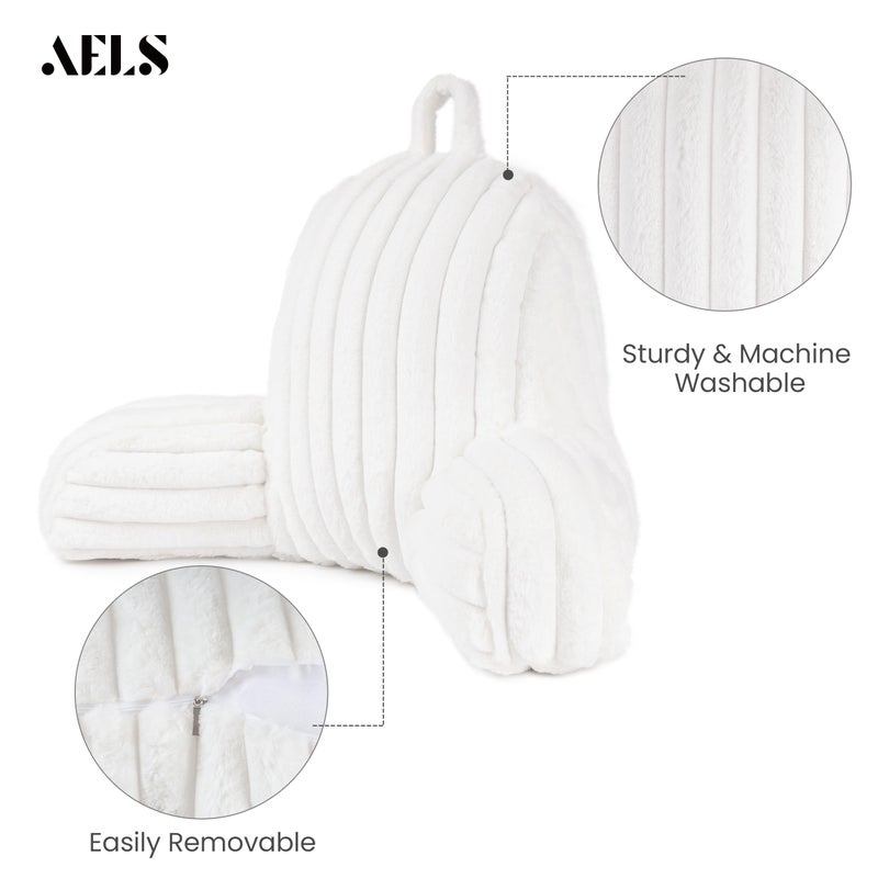 AELS Large Reading Pillow Replacement Cover with Arms and Pockets (Cover ONLY), 18" Soft Faux Fur Striped Backrest Pillow Cover Fits Standard Size Reading Pillows, Cream White - Image 3