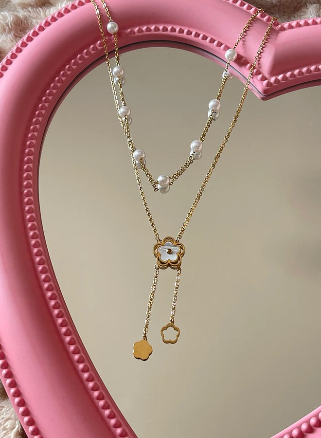 layered flower pearl necklace (stainless steel)