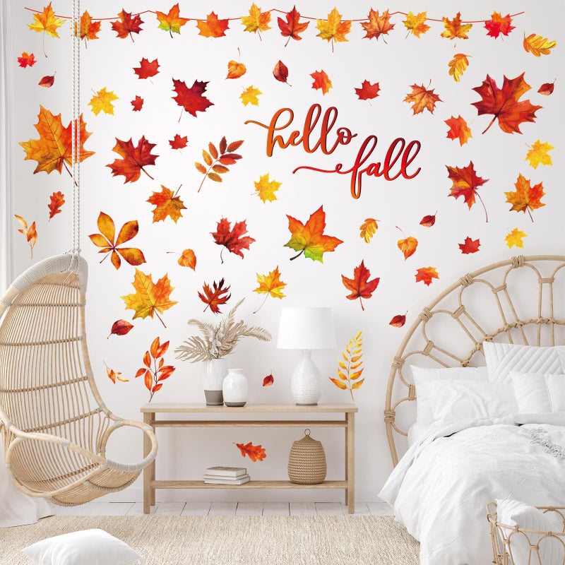 وولاين ملصقات ديكور سقوط Whaline Hello Hall Fall Leaves Gall Recals Small Room Contlicers لقضاء عطلات الخريف في الفصل الدراسي عيد ميلاد زخرفة حفلة الشكر 8.3 × 10.6 بوصة 9 أوراق - Image 3