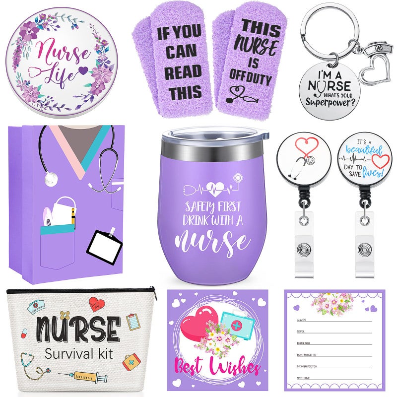 Coume Coume Nurse Appreciation Gifts for Women CNA Week Gifts for Nurse 9 Pcs Nurses Appreciation Gift Set Customized Stainless Steel Wine Tumbler Keychain Socks Thank You for LPN RN GraduationMint