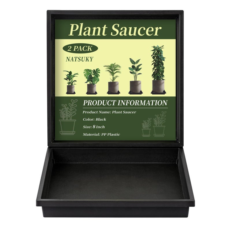 NATSUKY Square Plant Saucer 8 Inch 2 Pack, 8 10 12 14 Inch Plant Trays for Indoors Heavy Duty Plastic Flower Plants Saucers for Pots Outdoors No Holes Drip - Image 1