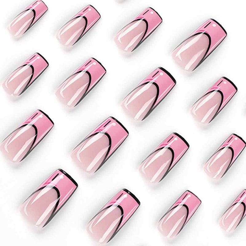Foccna Pink Medium Long Press on Nails Comic, Acrylic Fake Nails Square French Cartoon Long False Nails,Artificial Nails for Women and Girls, 24 pcs - Image 3