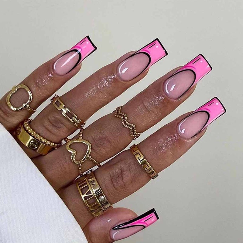 Foccna Pink Medium Long Press on Nails Comic, Acrylic Fake Nails Square French Cartoon Long False Nails,Artificial Nails for Women and Girls, 24 pcs - Image 1