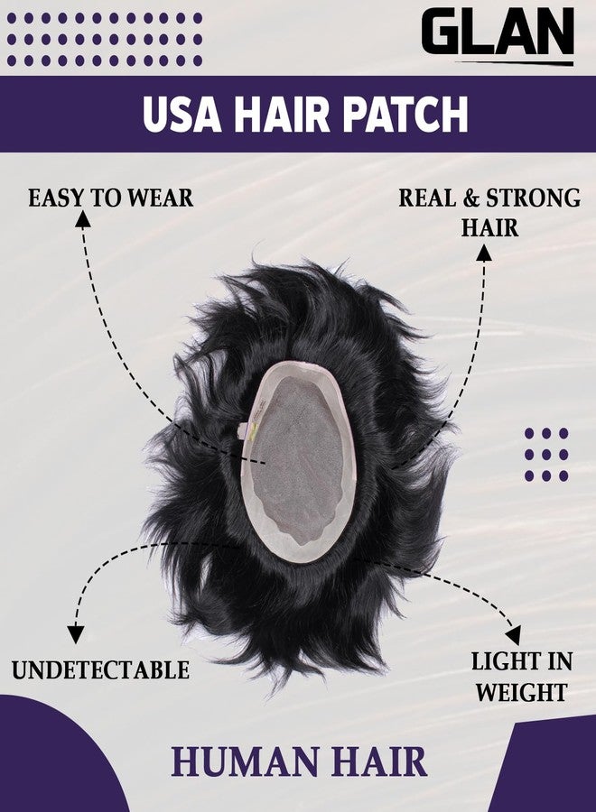 GLAN Human Hair Patch Toupee Wigs Hair Pieces Hair Replacement Systems For Men and Boys to Cover Up Baldness Area with Small Yellow Tape and Extension Clips Natural Black Brown Pack of 1 (USA Patch, 9*6) - Image 3