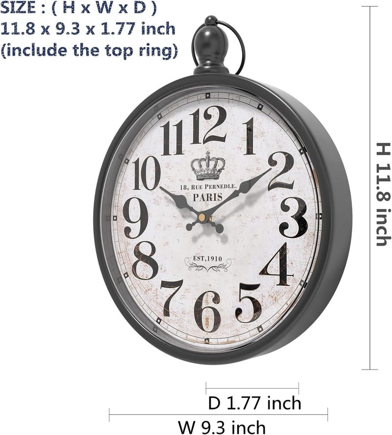 Menterry Retro Round Wall Clock. Black Vintage Antique Style Decor Wall Clocks for Kitchen,Farmhouse,Bedroom,Bathroom,Office, (11.8" H x 9.3" W) - Image 2