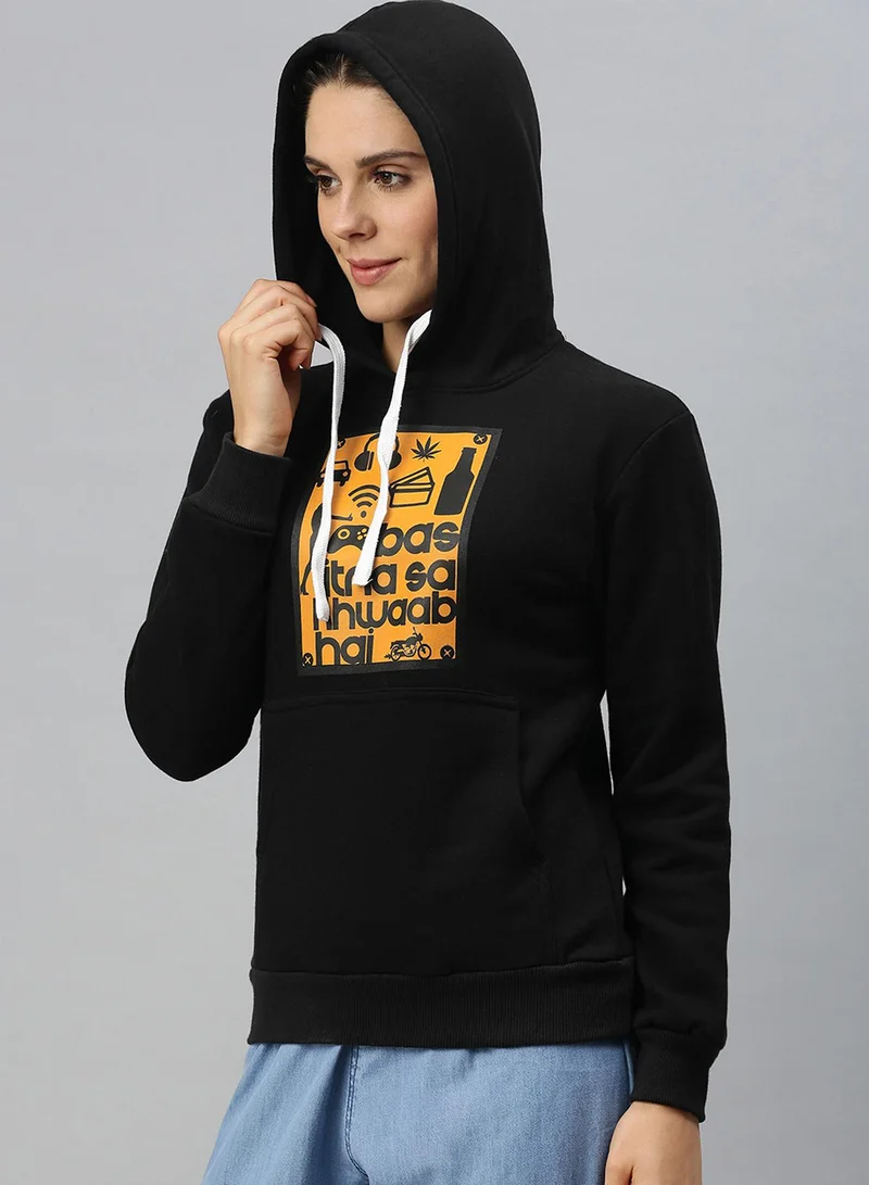 Campus Sutra Women's Onyx Black Dreams-That's-It Print Pullover Hoodie