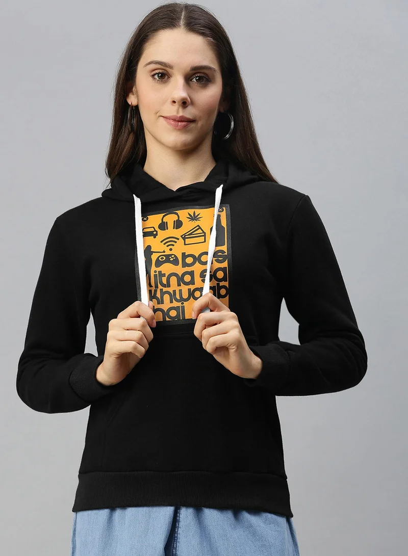 Campus Sutra Women's Onyx Black Dreams-That's-It Print Pullover Hoodie