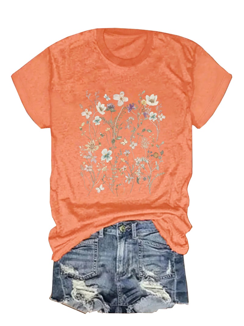 summer women's plant flower pattern printing round neck short sleeve casual fashion explosion T-shirt - Image 1
