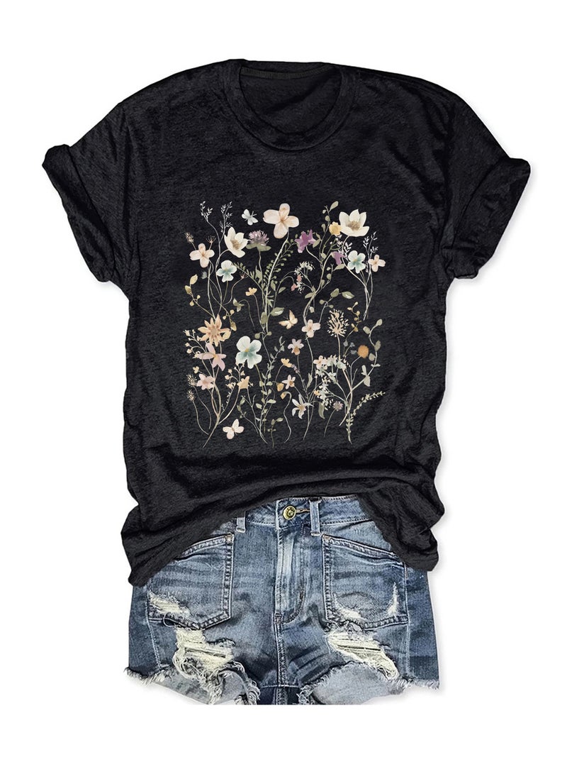summer women's plant flower pattern printing round neck short sleeve casual fashion explosion T-shirt - Image 4