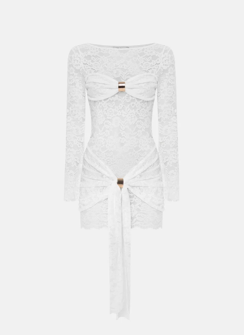 Lichi Guipure mini dress with draped neckline and golden decor