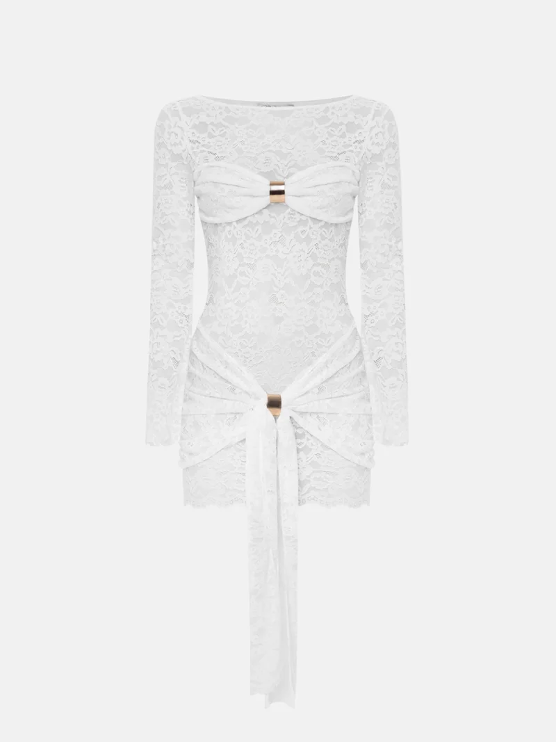 ليتشي فستان قصير من الدانتيل مع ياقة بطية وديكور ذهبي