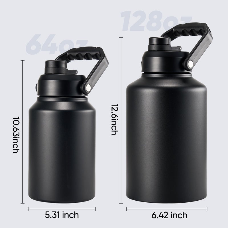 Fijinhom Insulated Half Gallon Jug, Large 64oz Stainless Steel Insulated Water Bottles with Handle, Double-Wall Vacuum Insulation for Construction Sites, Camping and Hiking, Black - Image 2