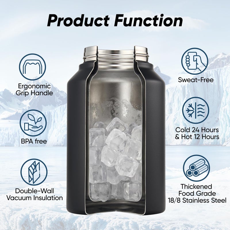 Fijinhom Insulated Half Gallon Jug, Large 64oz Stainless Steel Insulated Water Bottles with Handle, Double-Wall Vacuum Insulation for Construction Sites, Camping and Hiking, Black - Image 4