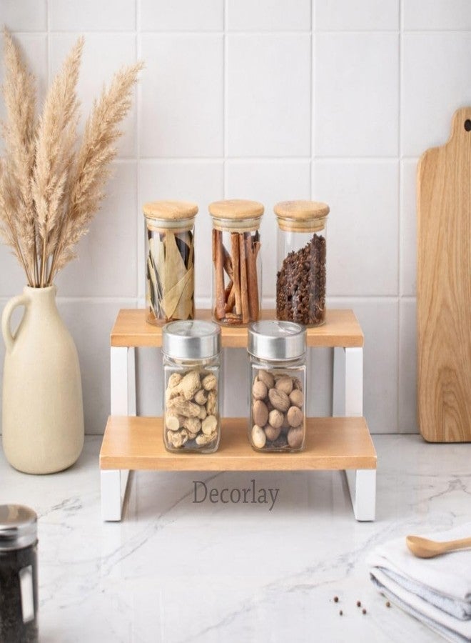 Decorlay 2-Tier Metal & Laminated Board Stairs Spice Rack Cosmetic Organizer Stand, Kitchen Countertop for Pantry Cupboard, Countertop (Beech+White) - Image 4