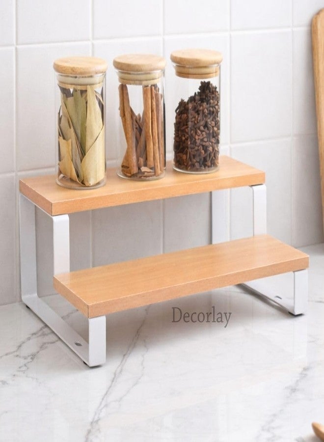 Decorlay 2-Tier Metal & Laminated Board Stairs Spice Rack Cosmetic Organizer Stand, Kitchen Countertop for Pantry Cupboard, Countertop (Beech+White) - Image 2