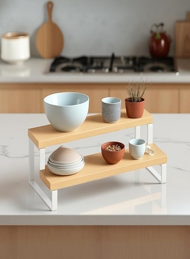 Decorlay 2-Tier Metal & Laminated Board Stairs Spice Rack Cosmetic Organizer Stand, Kitchen Countertop for Pantry Cupboard, Countertop (Beech+White) - Image 1