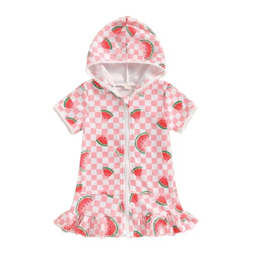 Licupiee Girls Hooded Zip Terry Coverups Swimsuit Kids Baby Girl Floral Print Short Sleeve Swim Cover-Up Swimwear (US, Age, 12 Months, 24 Months, Pink Watermelon) - Image 1
