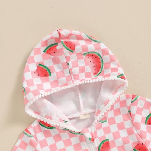 Licupiee Girls Hooded Zip Terry Coverups Swimsuit Kids Baby Girl Floral Print Short Sleeve Swim Cover-Up Swimwear (US, Age, 12 Months, 24 Months, Pink Watermelon) - Image 5