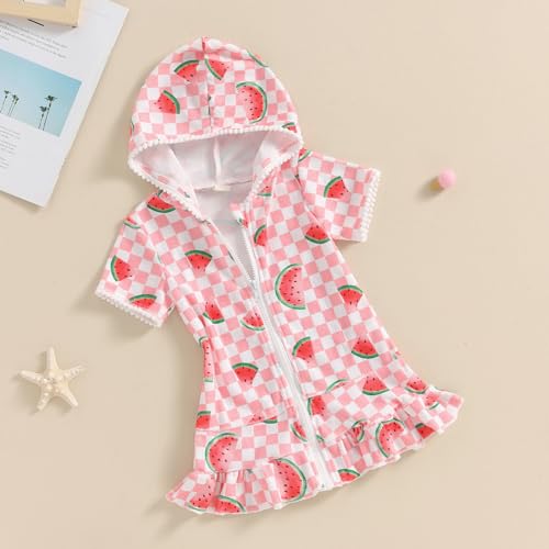 Licupiee Girls Hooded Zip Terry Coverups Swimsuit Kids Baby Girl Floral Print Short Sleeve Swim Cover-Up Swimwear (US, Age, 12 Months, 24 Months, Pink Watermelon) - Image 3