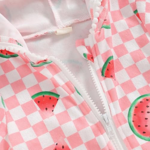 Licupiee Girls Hooded Zip Terry Coverups Swimsuit Kids Baby Girl Floral Print Short Sleeve Swim Cover-Up Swimwear (US, Age, 12 Months, 24 Months, Pink Watermelon) - Image 2