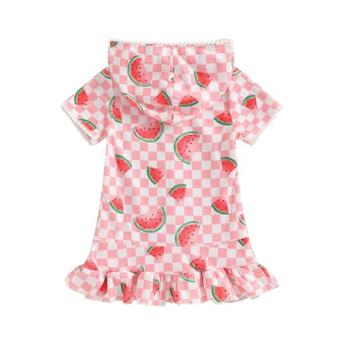 Licupiee Girls Hooded Zip Terry Coverups Swimsuit Kids Baby Girl Floral Print Short Sleeve Swim Cover-Up Swimwear (US, Age, 12 Months, 24 Months, Pink Watermelon) - Image 4