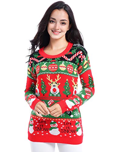 v28 Varied Ugly Christmas Sweater for Women Merry Reindeer Shirt Knit Sweaters(Medium, Deer Snowman Red) - Image 1