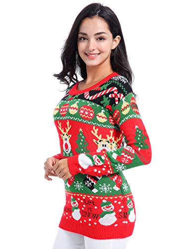 v28 Varied Ugly Christmas Sweater for Women Merry Reindeer Shirt Knit Sweaters(Medium, Deer Snowman Red) - Image 3