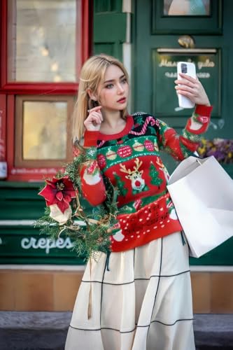 v28 Varied Ugly Christmas Sweater for Women Merry Reindeer Shirt Knit Sweaters(Medium, Deer Snowman Red) - Image 4