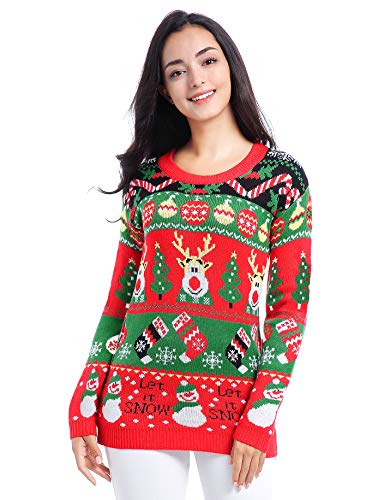 v28 Varied Ugly Christmas Sweater for Women Merry Reindeer Shirt Knit Sweaters(Medium, Deer Snowman Red) - Image 2