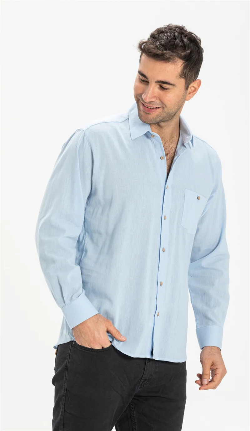 اليش شيل بيزي Long Sleeve Şile Cloth Single Pocket Men's Shirt Ice Blue 3027