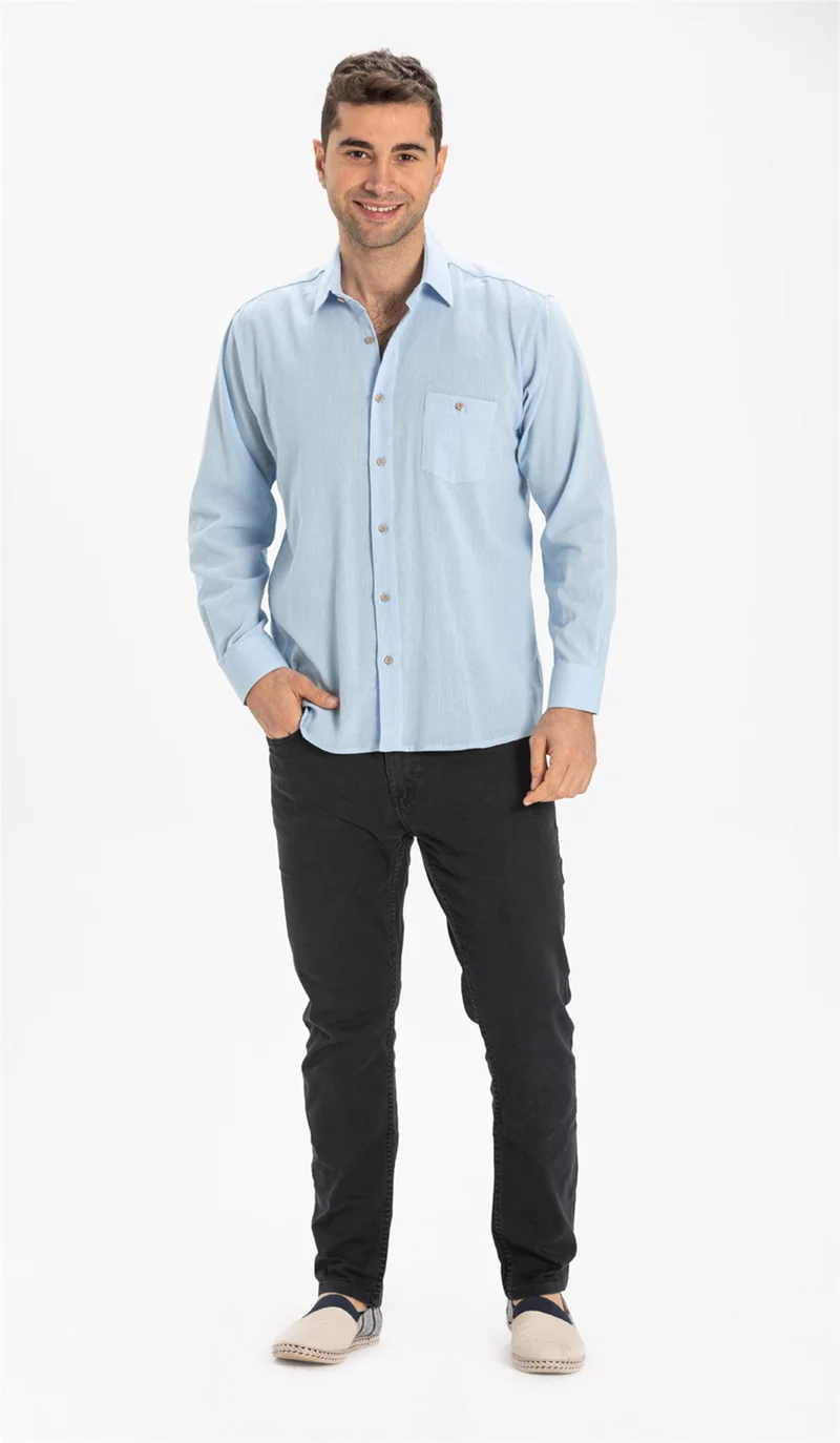 اليش شيل بيزي Long Sleeve Şile Cloth Single Pocket Men's Shirt Ice Blue 3027