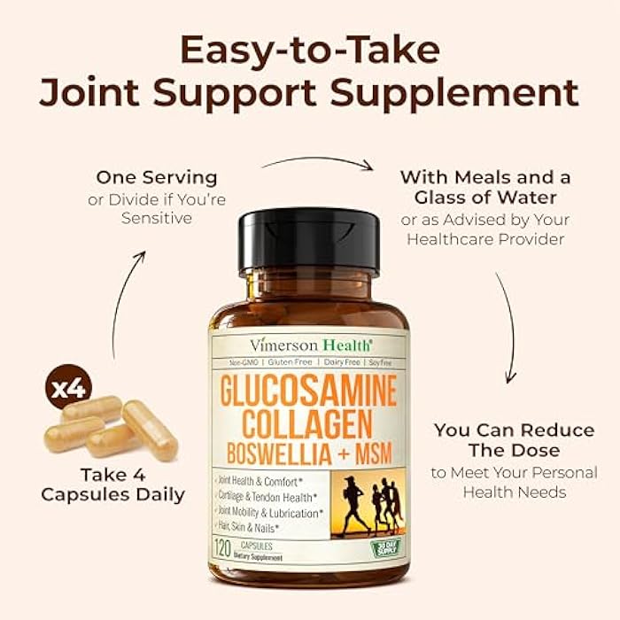 Vimerson Health Glucosamine Chondroitin with 1200mg Hydrolyzed Collagen Peptides, Boswellia Extract, Quercetin, Bromelain, MSM – Hair Skin Nails and Joint Supplement for Women & Men – FSA Eligible 120 Capsules - Image 4