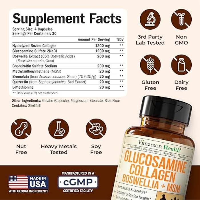 Vimerson Health Glucosamine Chondroitin with 1200mg Hydrolyzed Collagen Peptides, Boswellia Extract, Quercetin, Bromelain, MSM – Hair Skin Nails and Joint Supplement for Women & Men – FSA Eligible 120 Capsules - Image 3