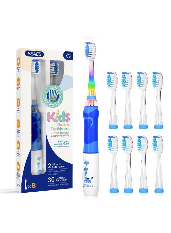 SEAGO Kids Electric Toothbrush with 2 Mins Brushing Timer and 8 Replacement Bursh Heads,Rainbow LED Light Make Brushing Fun, Blue Color Boys Battery Powerd Toothbrush for 5-8 Years Old - Image 1