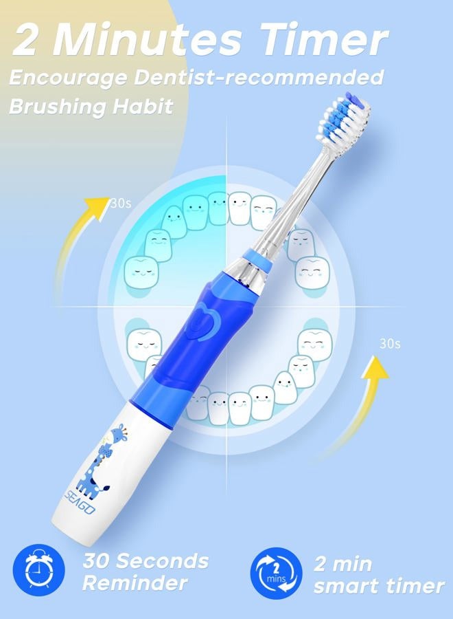 SEAGO Kids Electric Toothbrush with 2 Mins Brushing Timer and 8 Replacement Bursh Heads,Rainbow LED Light Make Brushing Fun, Blue Color Boys Battery Powerd Toothbrush for 5-8 Years Old - Image 3