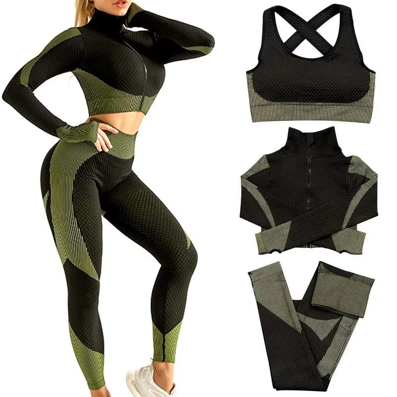 SINBRLAI Women's 3pcs Seamless Workout Outfits Sets, Yoga Sportswear Tracksuit Leggings and Stretch Sports Bra Fitness - Image 5