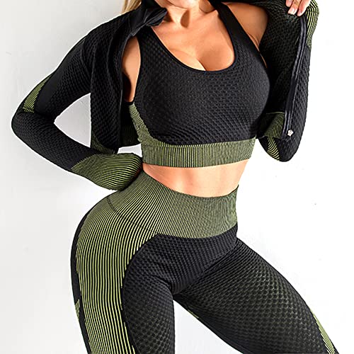 SINBRLAI Women's 3pcs Seamless Workout Outfits Sets, Yoga Sportswear Tracksuit Leggings and Stretch Sports Bra Fitness - Image 2