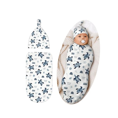 Lcokin Sea Turtle Baby Stuff Swaddle Blanket Set with Beanie Hat for Boys and Girls, Soft and Stretchy Newborn Swaddle Wrap Blanket Shower Gift - Image 1