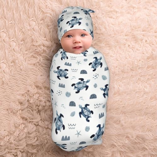 Lcokin Sea Turtle Baby Stuff Swaddle Blanket Set with Beanie Hat for Boys and Girls, Soft and Stretchy Newborn Swaddle Wrap Blanket Shower Gift - Image 5