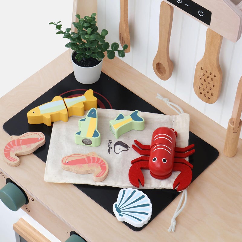PairPear Wooden Play Food Cutting Seafood Set - Toddlers Wooden Toy Food Pretend Play Kitchen Accessories for 3 Years Old Boys Girls Early Education Toys Gift - Image 2